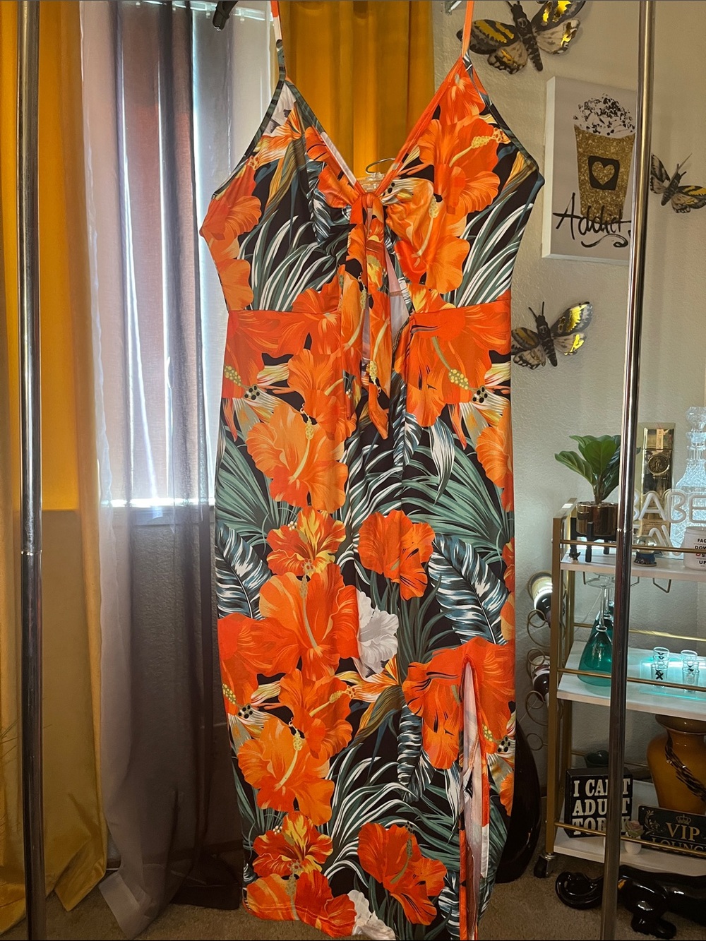 Sexy midi Orange floral with green leaf print